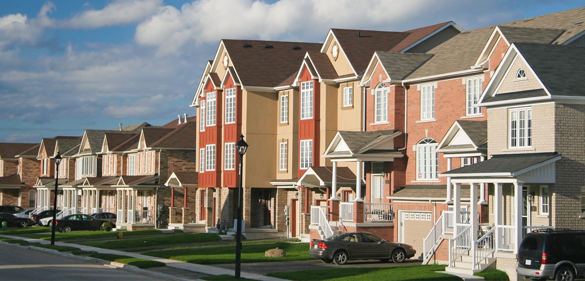 Vibrant suburban neighborhood on a sunny day.